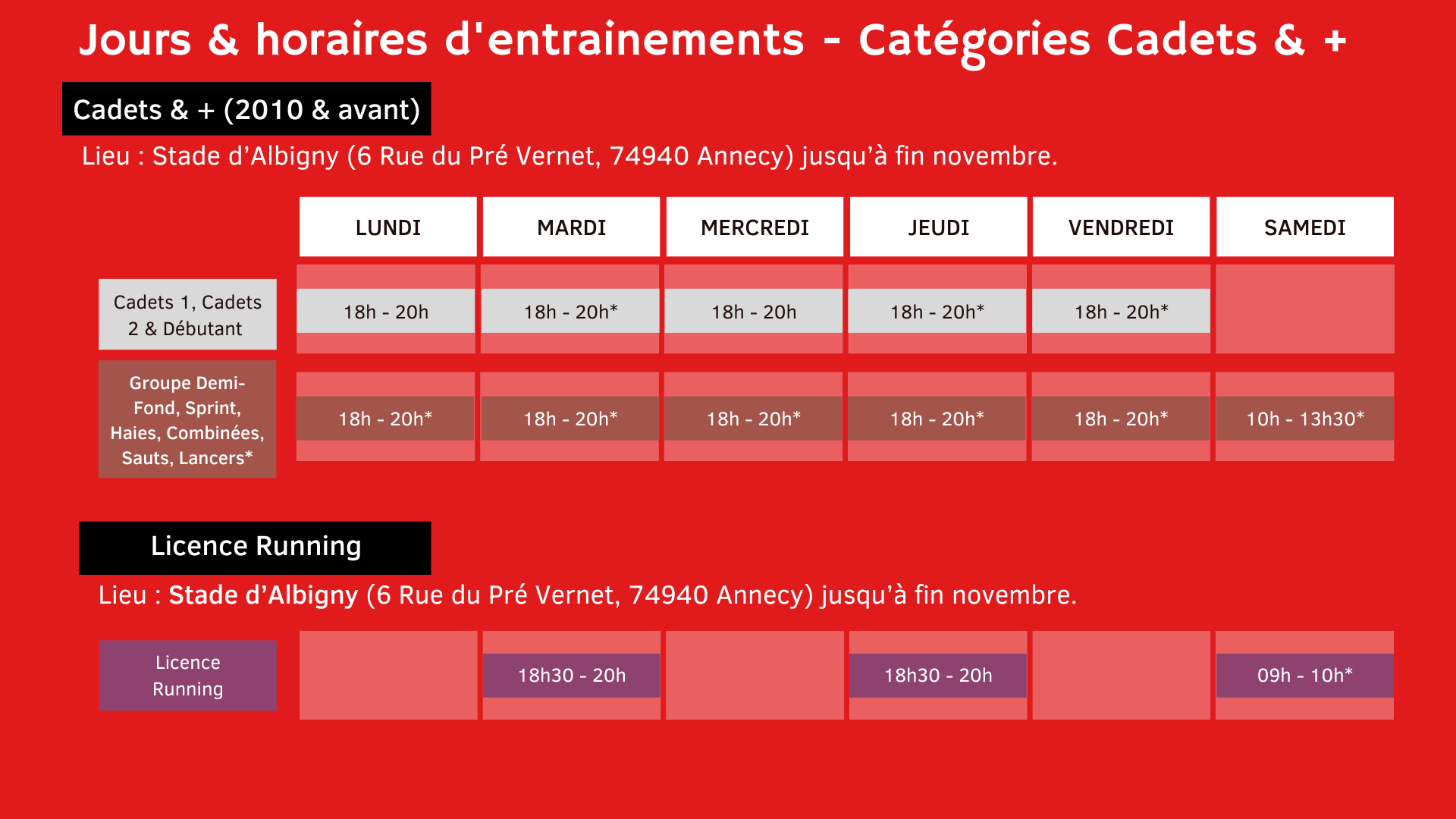 horaires entrainements athlétisme annecy
