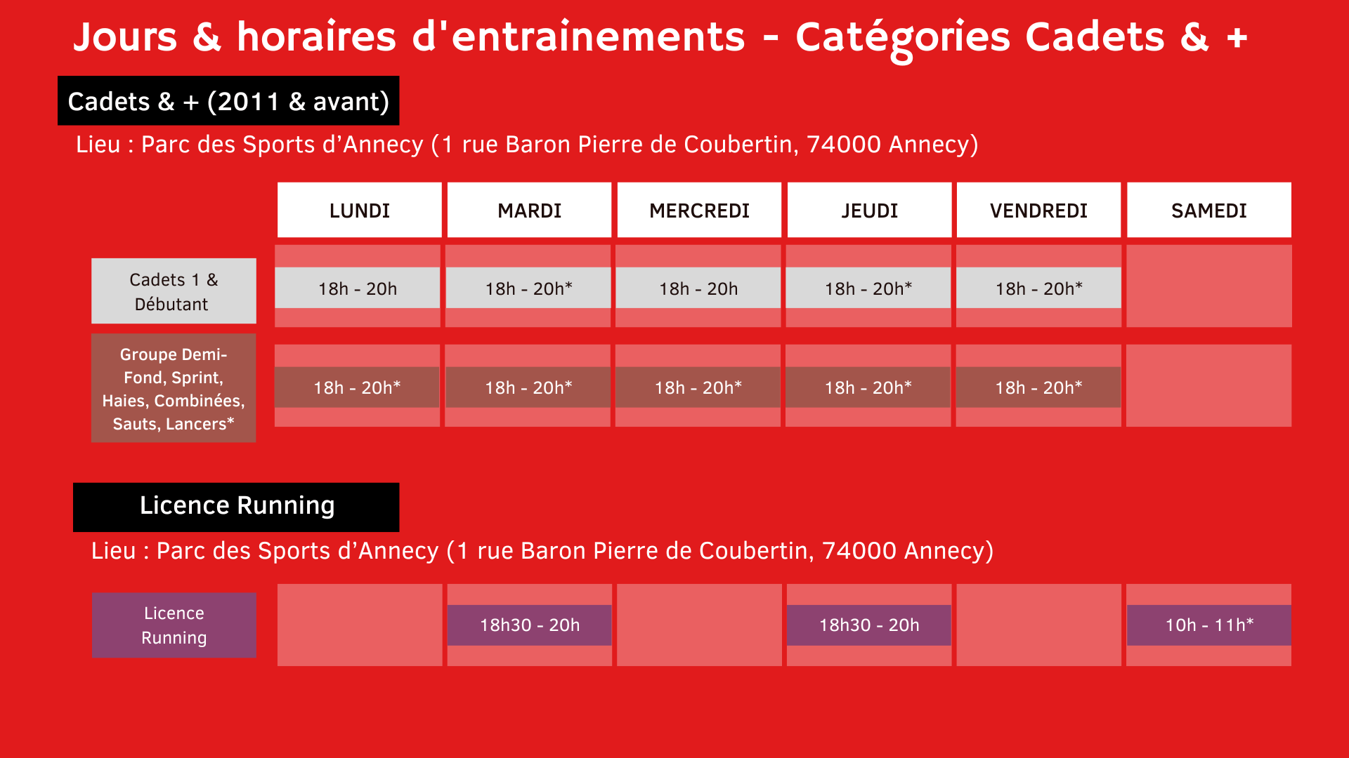 horaires entrainements athlétisme annecy