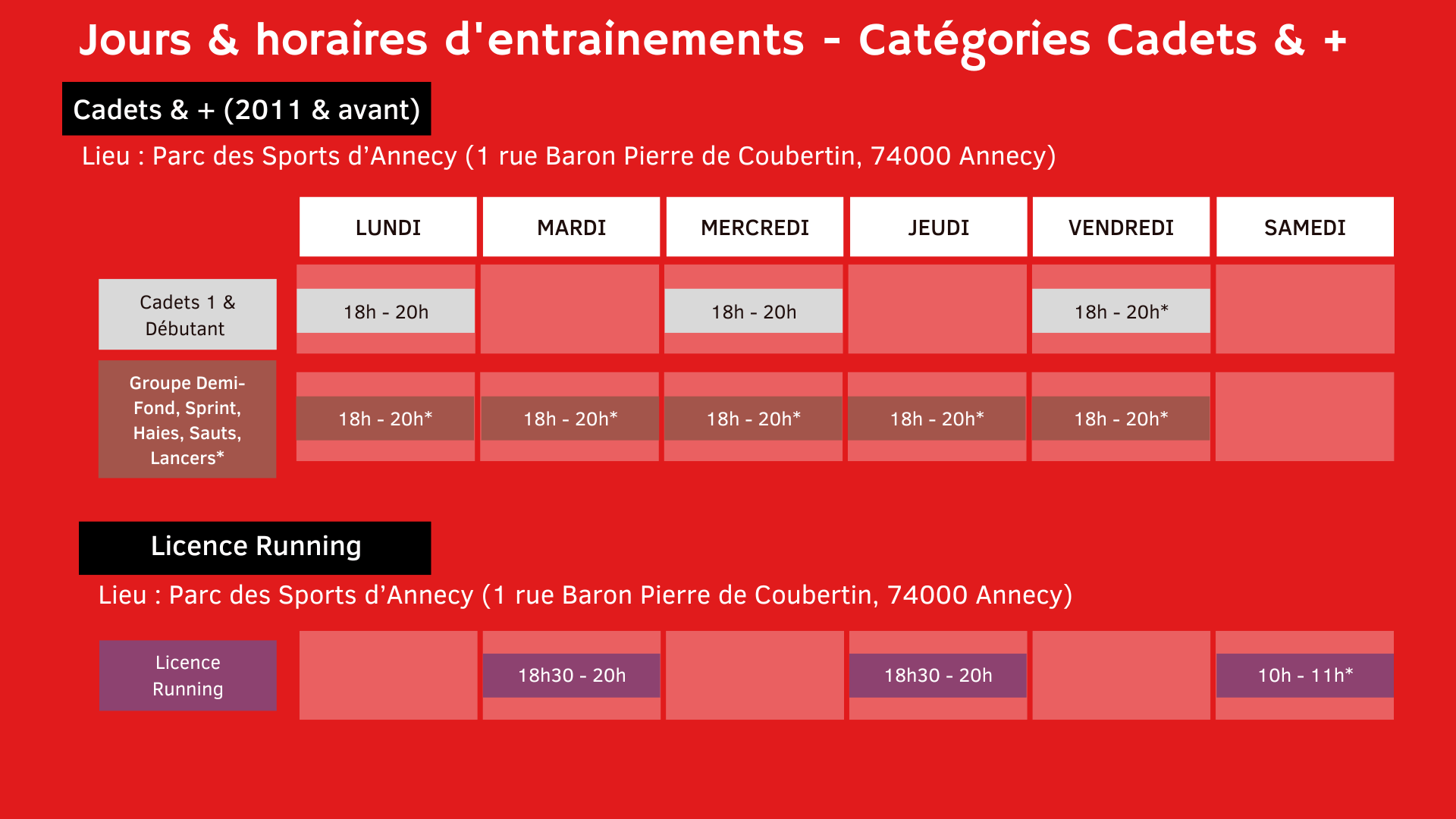 horaires entrainements athlétisme annecy